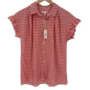 Max Studio Plaid Button Up Ruffle Short Sleeve‎ Shirt Red White Women Medium NWT